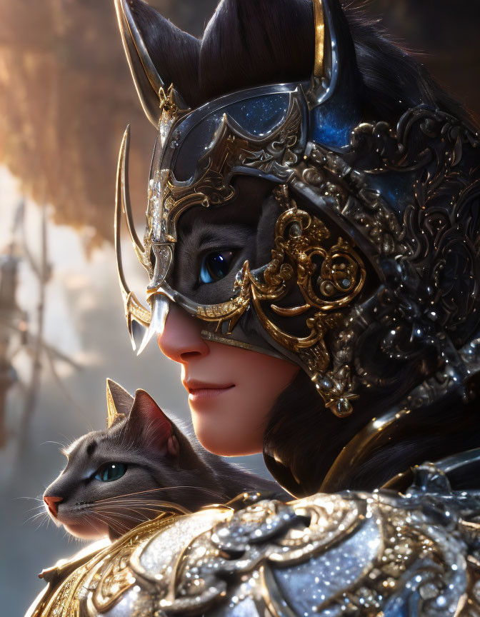 Medieval cat-themed armor with person holding feline in golden light