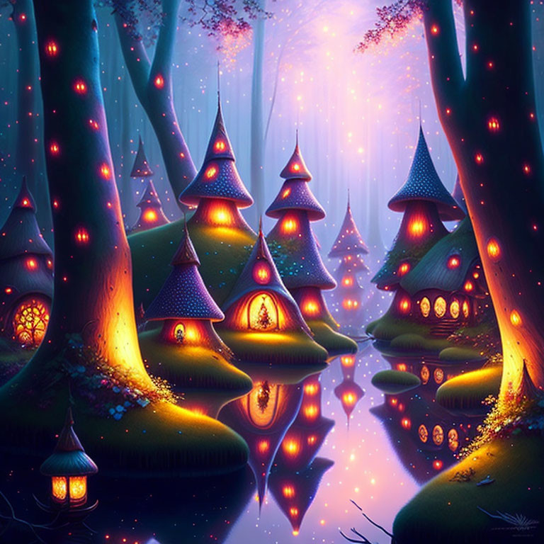 Twilight Enchanted Forest with Glowing Mushrooms and Tree Houses