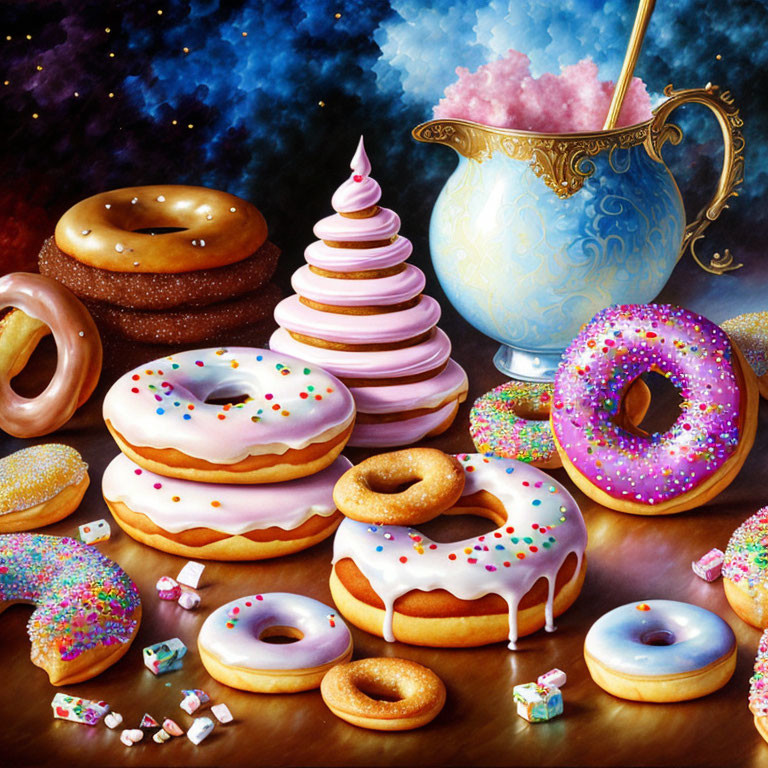 Colorful Decorated Donuts and Pink Soft-Serve Tower with Porcelain Pot on Cosmic Background