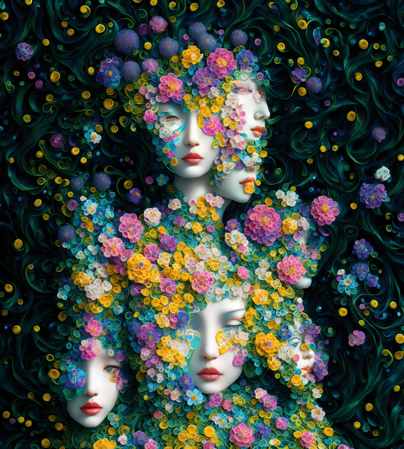 Digital Artwork: Three Female Faces with Colorful Floral Hats on Dark Dreamlike Background