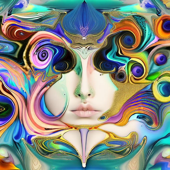 Symmetrical abstract art: face surrounded by vibrant swirls in kaleidoscopic pattern