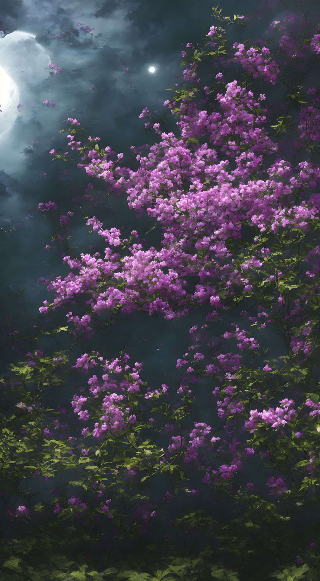 Full Moon Illuminating Purple Flowers in Serene Night Scenery