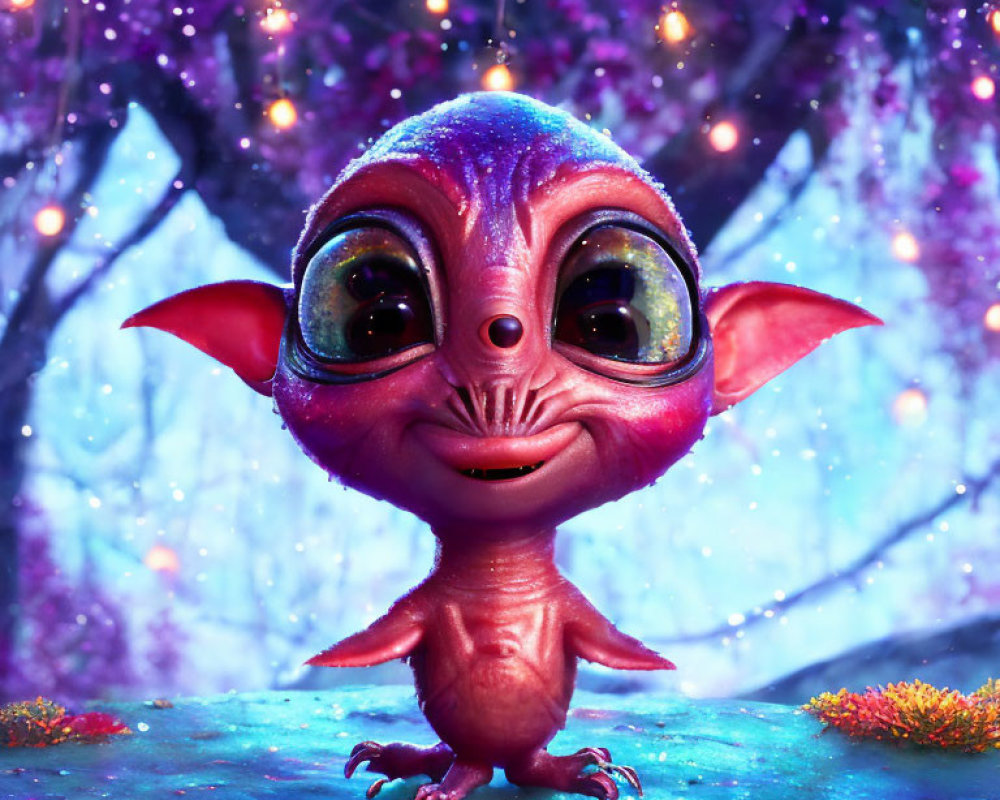 Animated alien with large eyes on purple backdrop