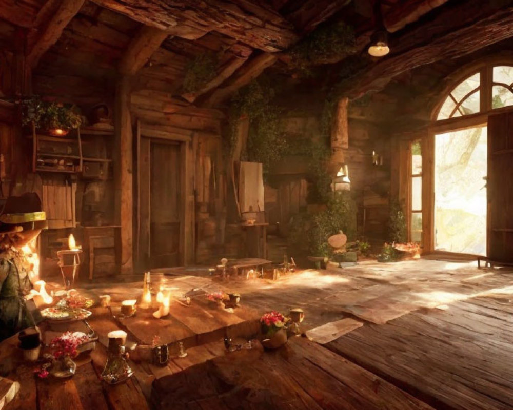 Rustic cabin interior with warm lighting, wooden furniture, candles, plants, and person with hat