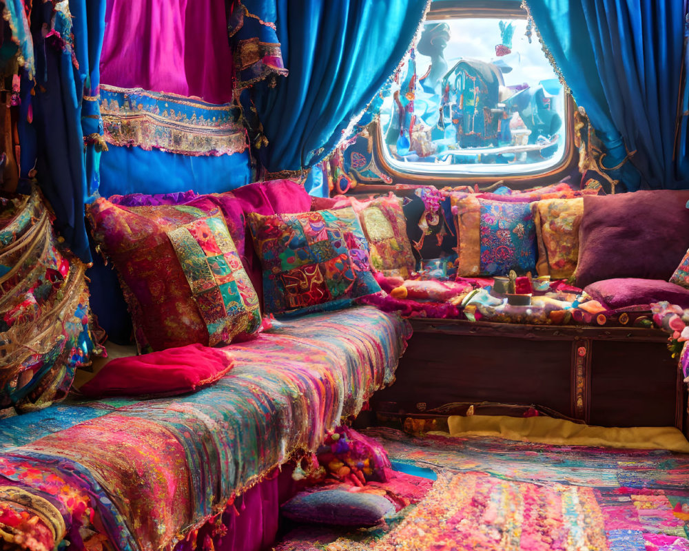 Colorful Cozy Nook with Drapes, Cushions, Rugs, and Window Silhouette