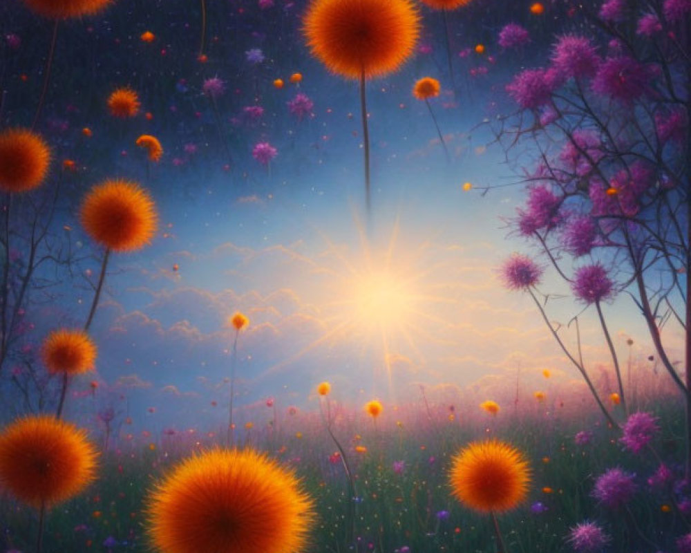 Tranquil painting of a twilight field with orange flowers and glowing orbs