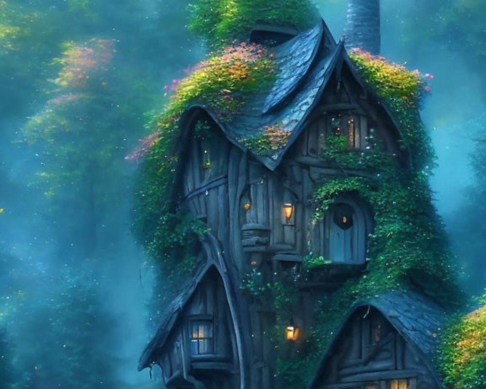 Enchanted treehouse in foggy forest with glowing windows