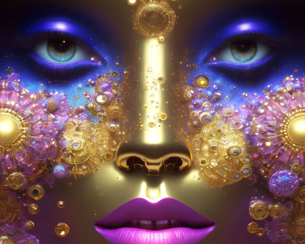 Detailed close-up of surreal golden face with ornate gears, vibrant blue eyes, and purple lips.