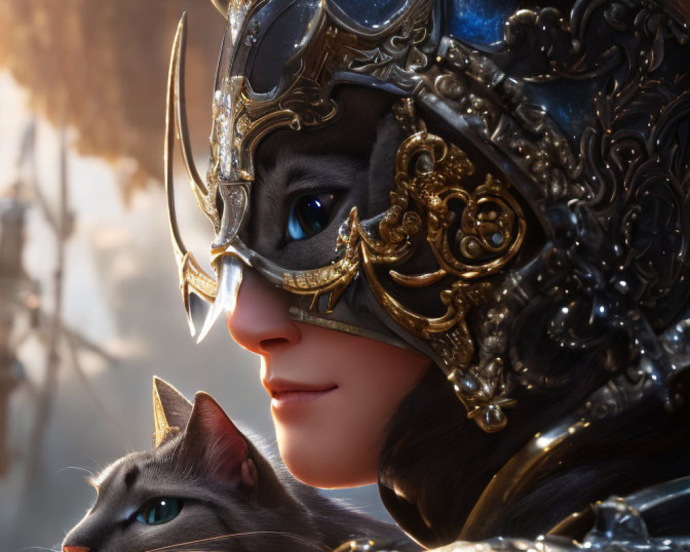 Medieval cat-themed armor with person holding feline in golden light