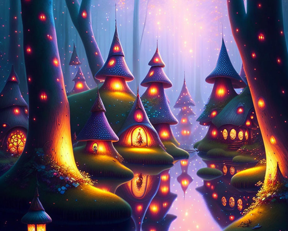 Twilight Enchanted Forest with Glowing Mushrooms and Tree Houses