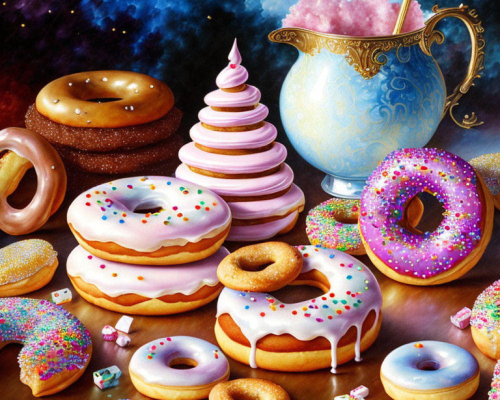 Colorful Decorated Donuts and Pink Soft-Serve Tower with Porcelain Pot on Cosmic Background