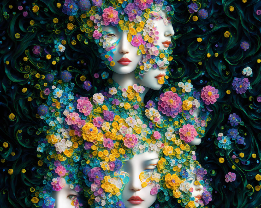 Digital Artwork: Three Female Faces with Colorful Floral Hats on Dark Dreamlike Background