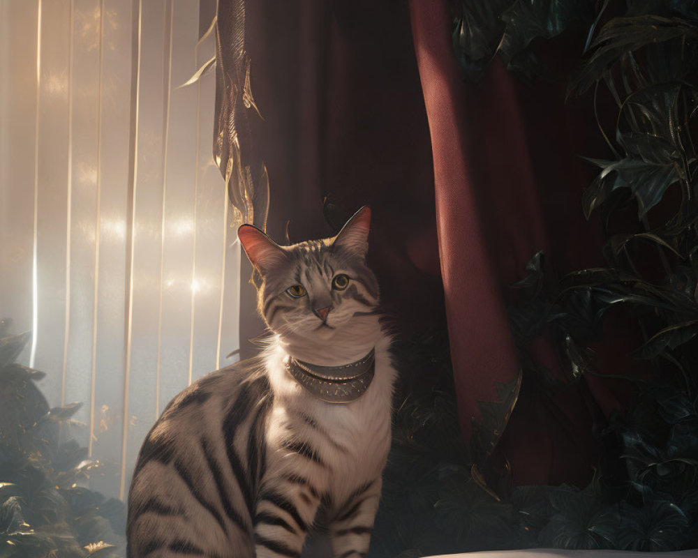 Majestic cat with pearl necklace in elegant setting among green foliage