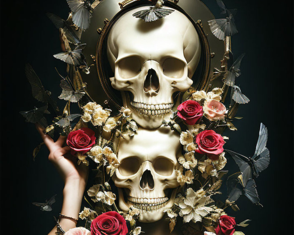 Person holding round mirror with skull reflection, roses, butterflies, pocket watches on dark background