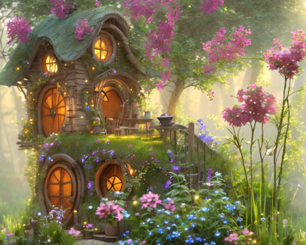 Thatched Roof Fairy-Tale Cottage Surrounded by Pink Flowers