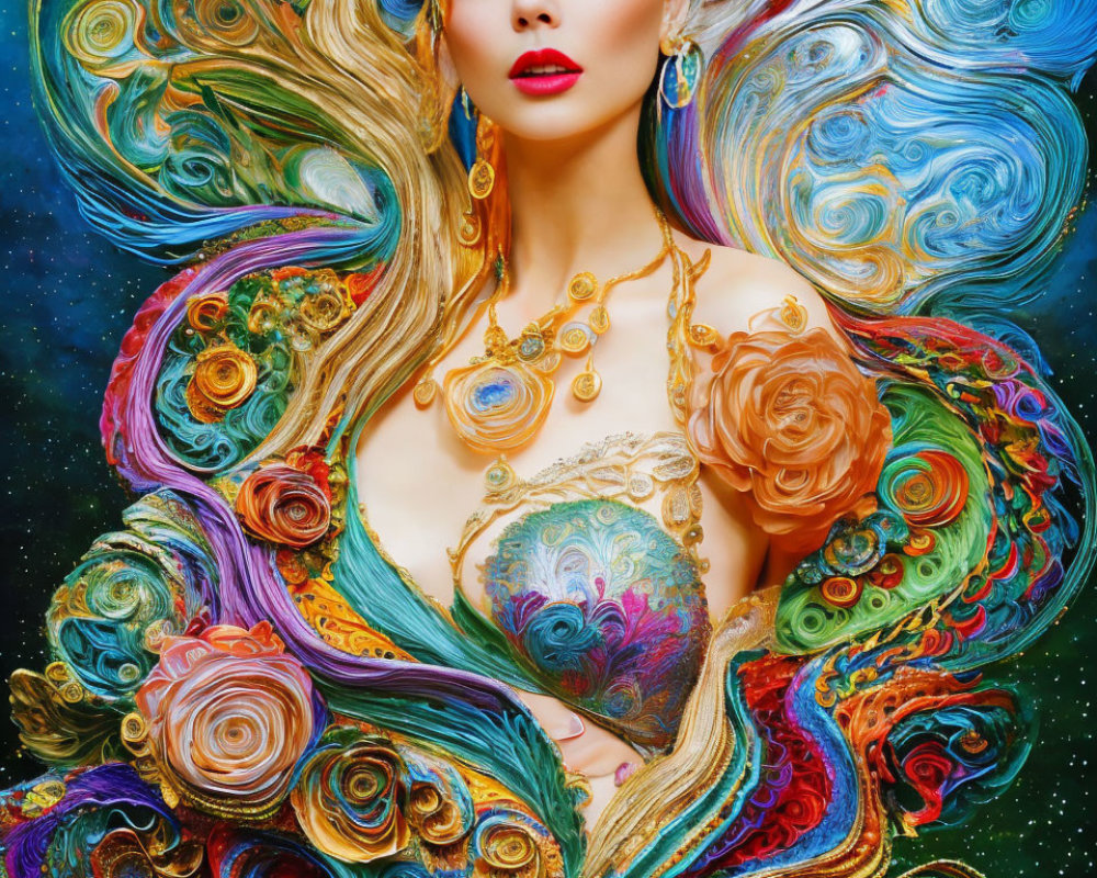 Colorful portrait of woman with swirling hair and golden jewelry on starry backdrop