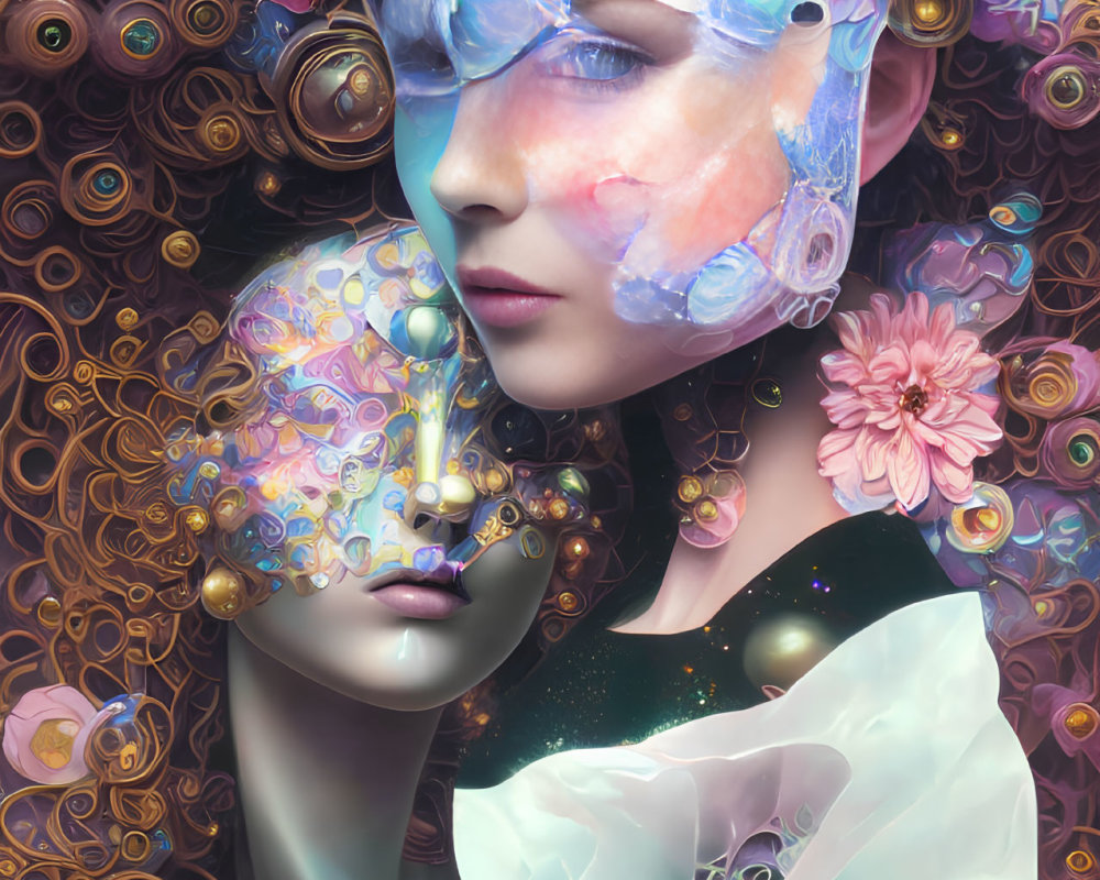 Surreal portrait of woman with floral patterns and delicate colors