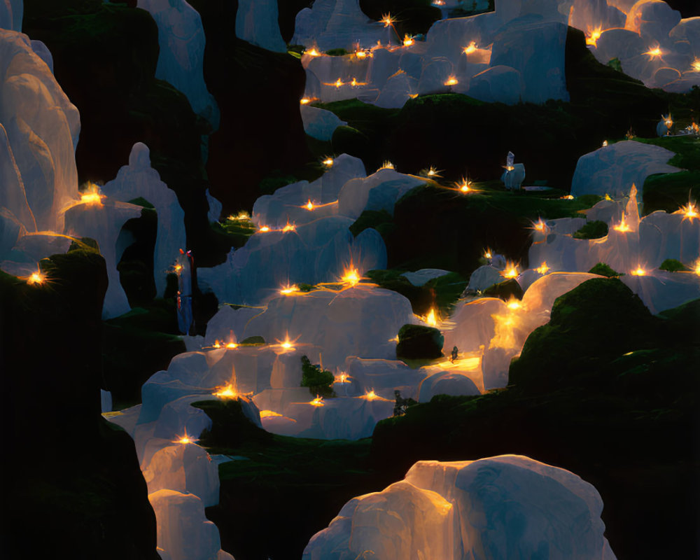 Mystical landscape with glowing lights and rock formations at night