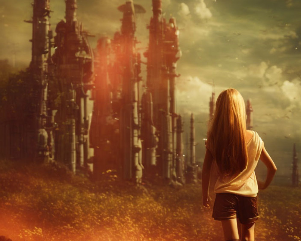 Blonde Girl in Front of Industrial Skyline and Cloudy Sky