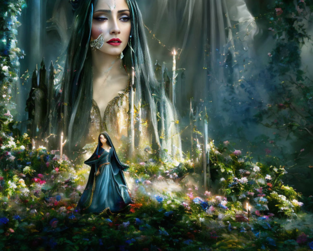 Enchanted forest painting with mystical woman and mirrored figure