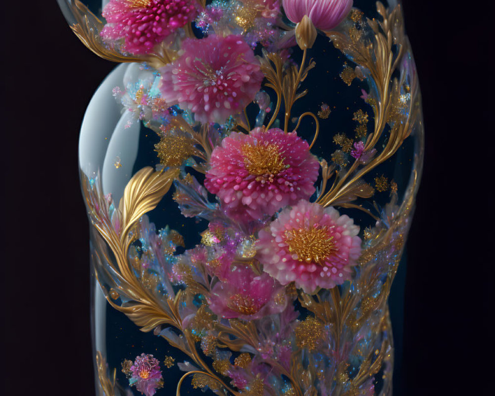 Golden-stemmed glass with pink floral motifs in a bubble-like structure on dark background