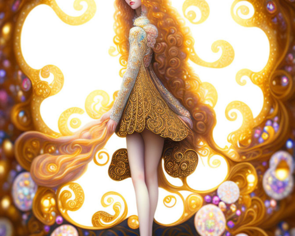 Ethereal figure with golden hair in richly patterned dress against swirling backdrop