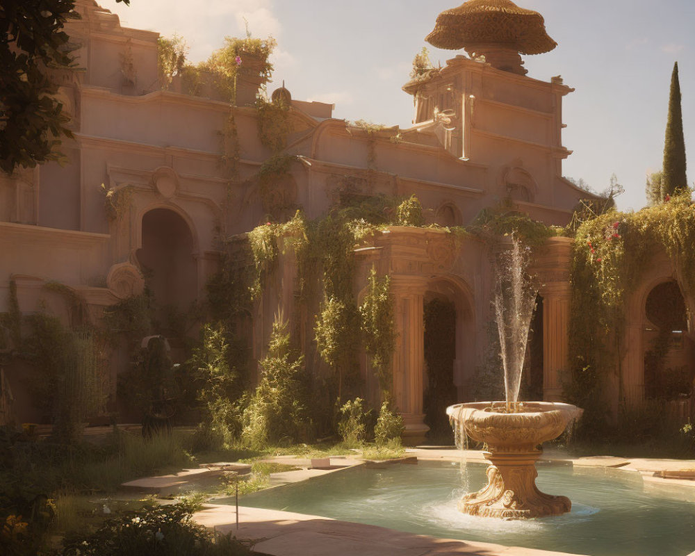 Classical fountain and lush greenery in tranquil courtyard