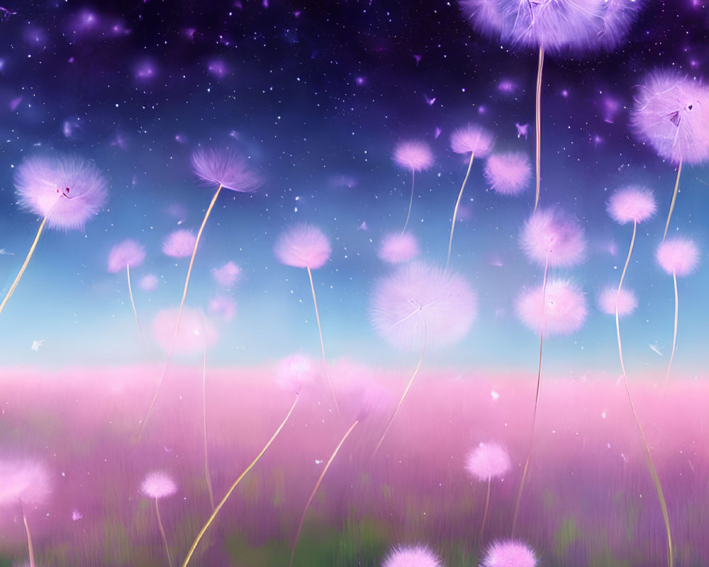 Field of tall dandelions under twilight sky with floating seeds