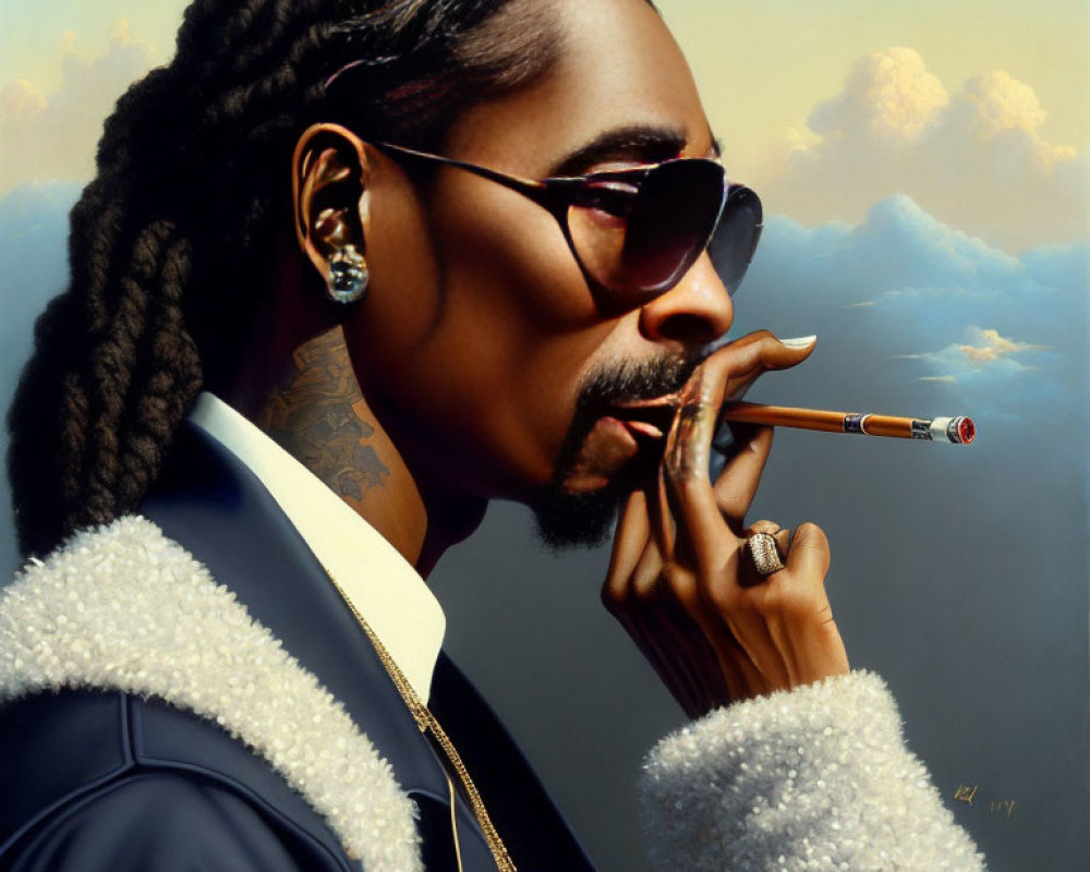 Man with Braided Hair, Sunglasses, Fur Collar Jacket, Smoking Cigar in Cloudy