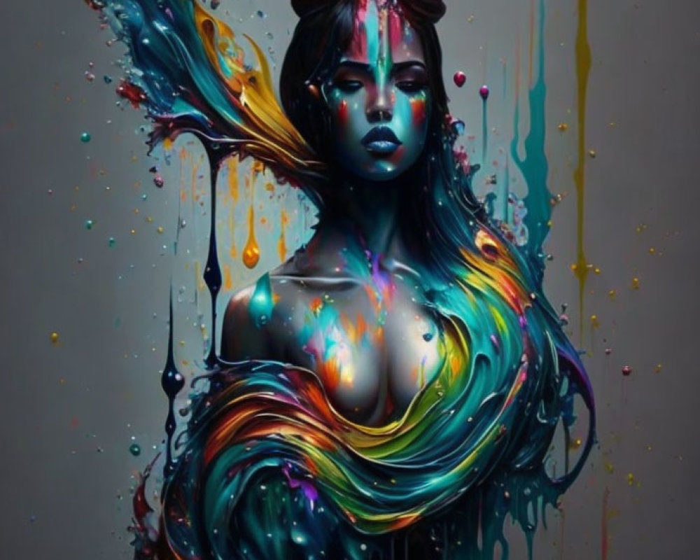 Vibrant surreal artwork: Woman with flowing, colorful hair on dark backdrop