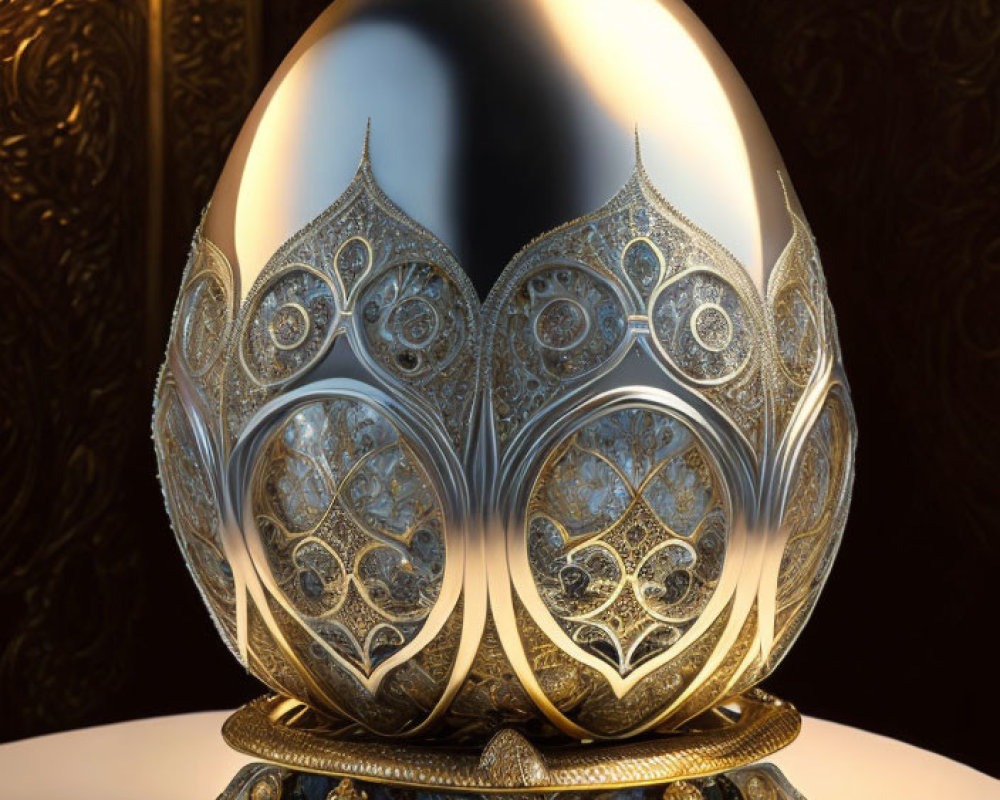 Intricate Metallic Egg with Gold Patterns and Pearls on Stand