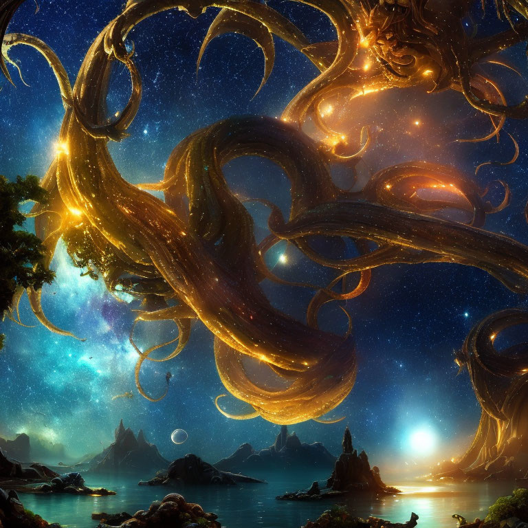 Surreal Landscape with Cosmic Tree Roots and Starlit Sea