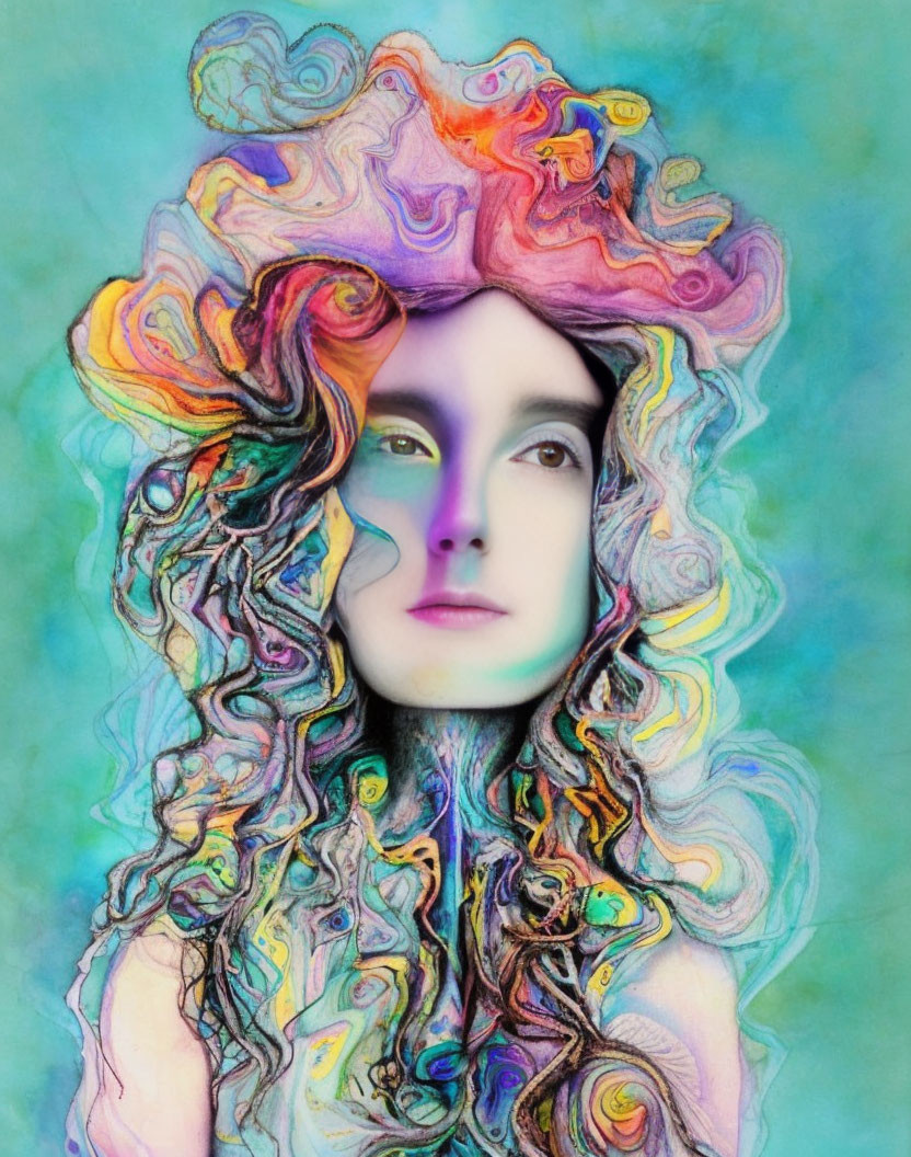 Surrealist portrait of person with multicolored, wavy hair and dreamlike expression