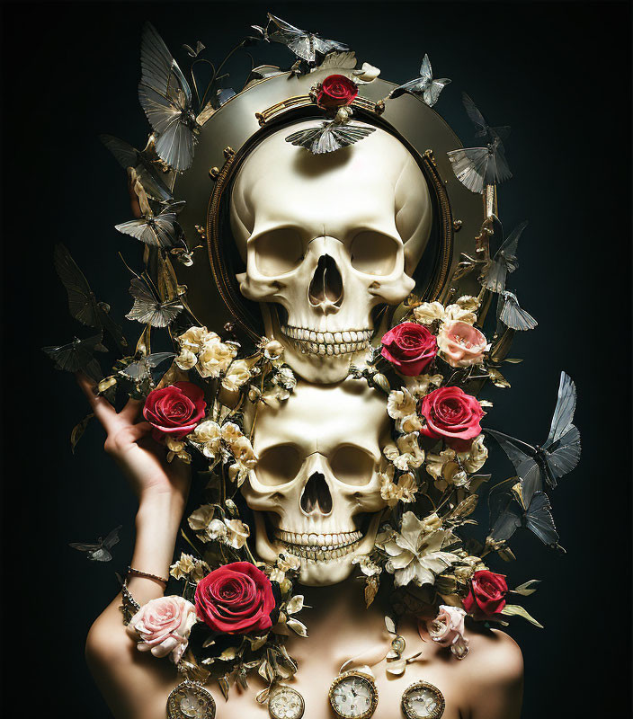 Person holding round mirror with skull reflection, roses, butterflies, pocket watches on dark background