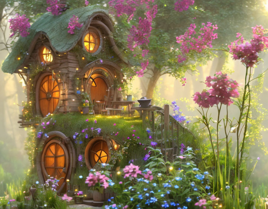 Thatched Roof Fairy-Tale Cottage Surrounded by Pink Flowers