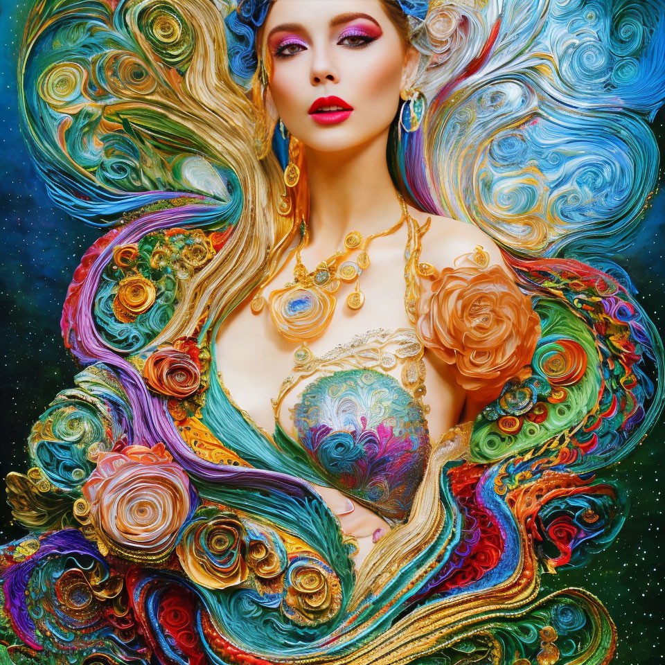 Colorful portrait of woman with swirling hair and golden jewelry on starry backdrop