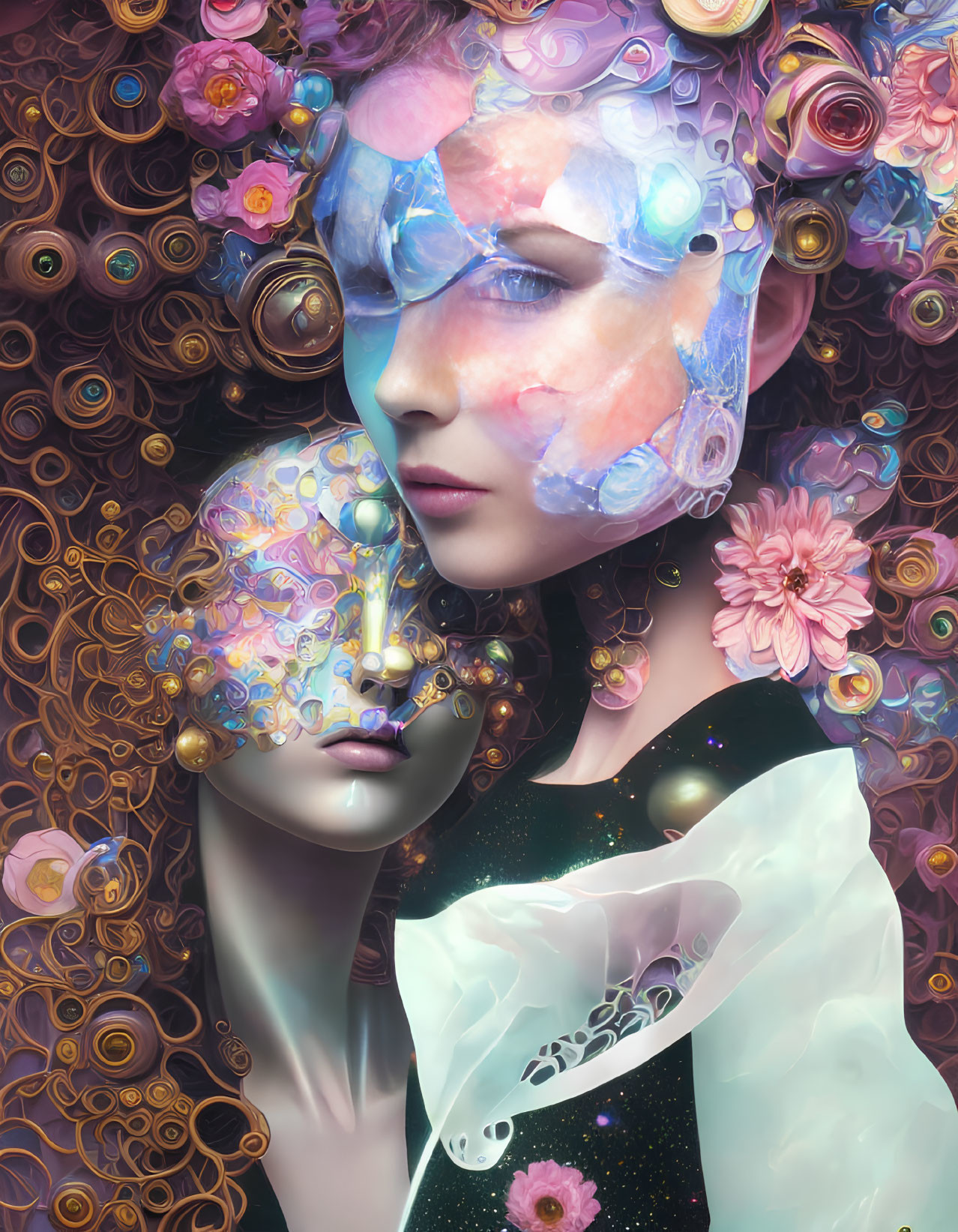 Surreal portrait of woman with floral patterns and delicate colors