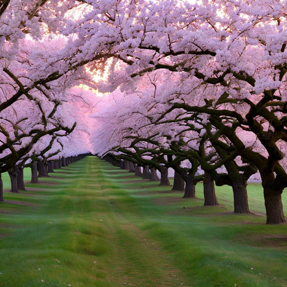 Tranquil scene of cherry blossom trees lining a grassy path