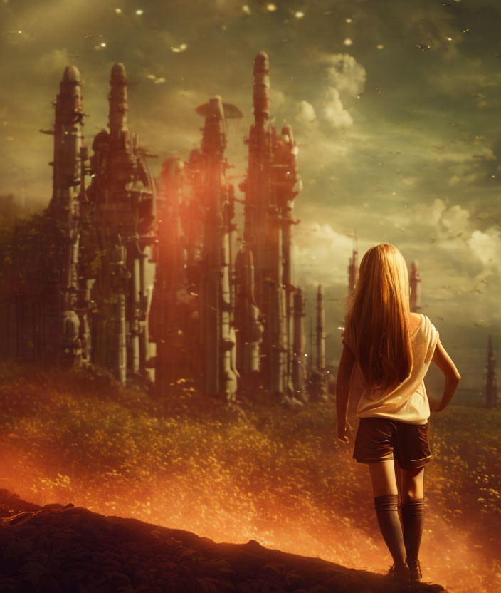 Blonde Girl in Front of Industrial Skyline and Cloudy Sky
