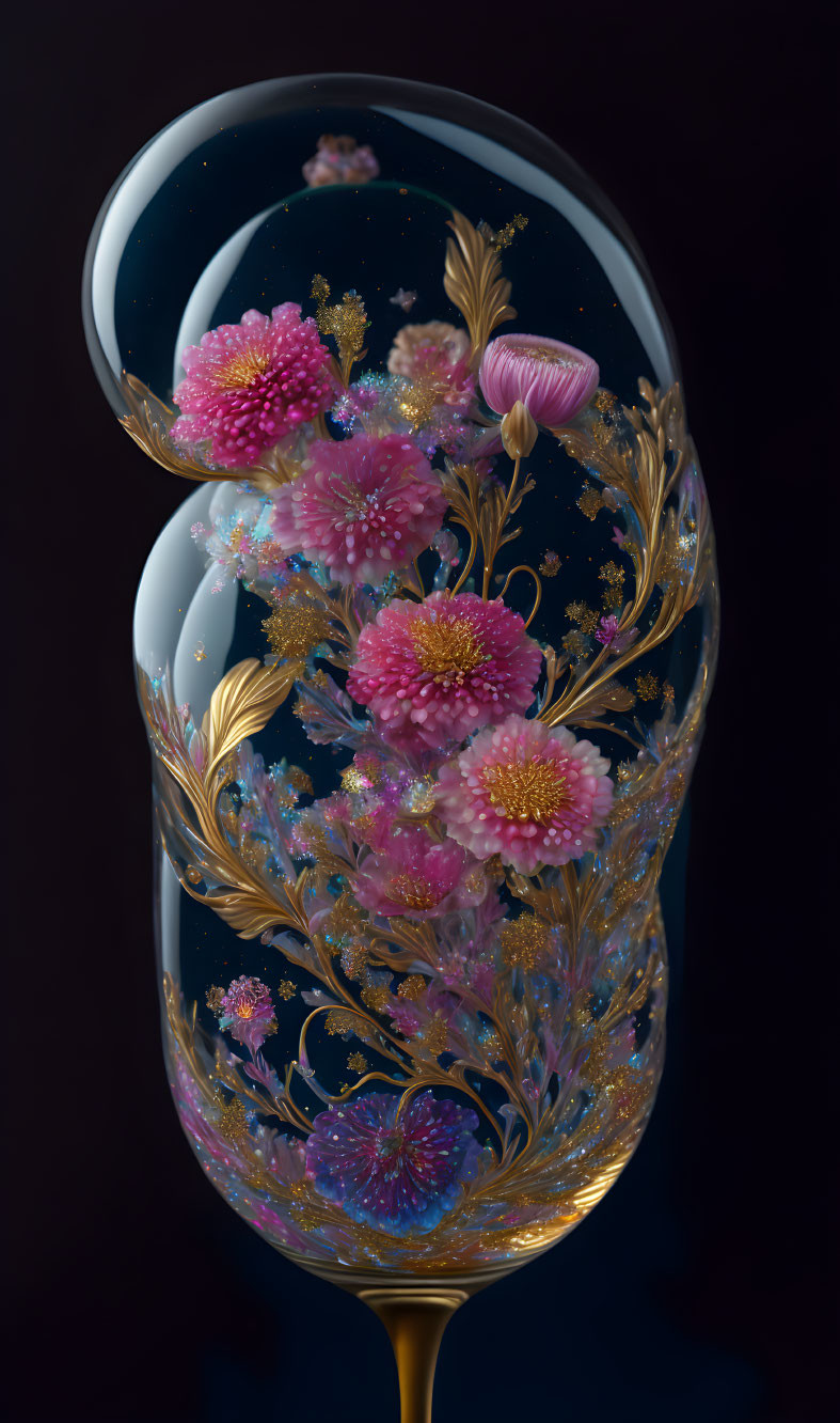 Golden-stemmed glass with pink floral motifs in a bubble-like structure on dark background