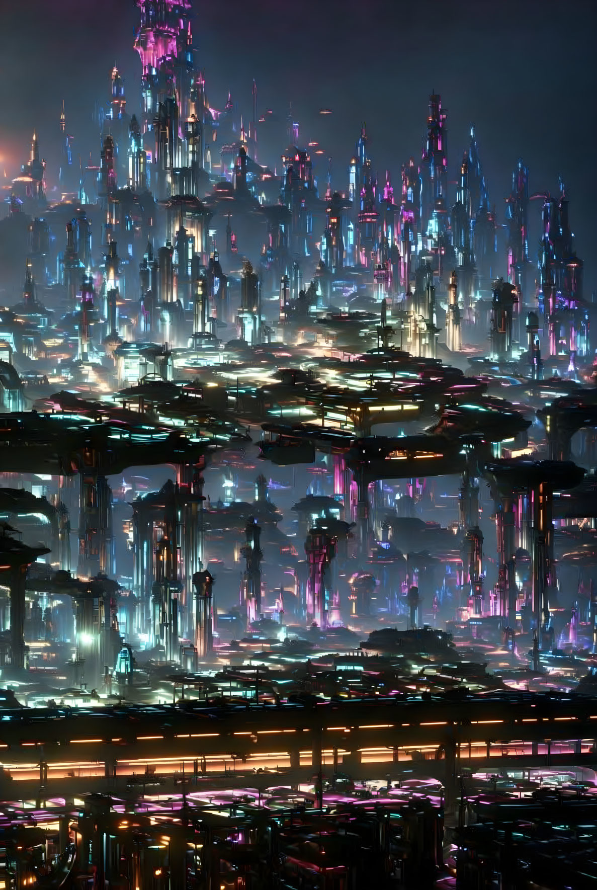 Neon-lit futuristic cityscape at night