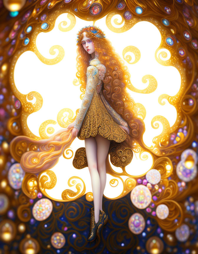 Ethereal figure with golden hair in richly patterned dress against swirling backdrop