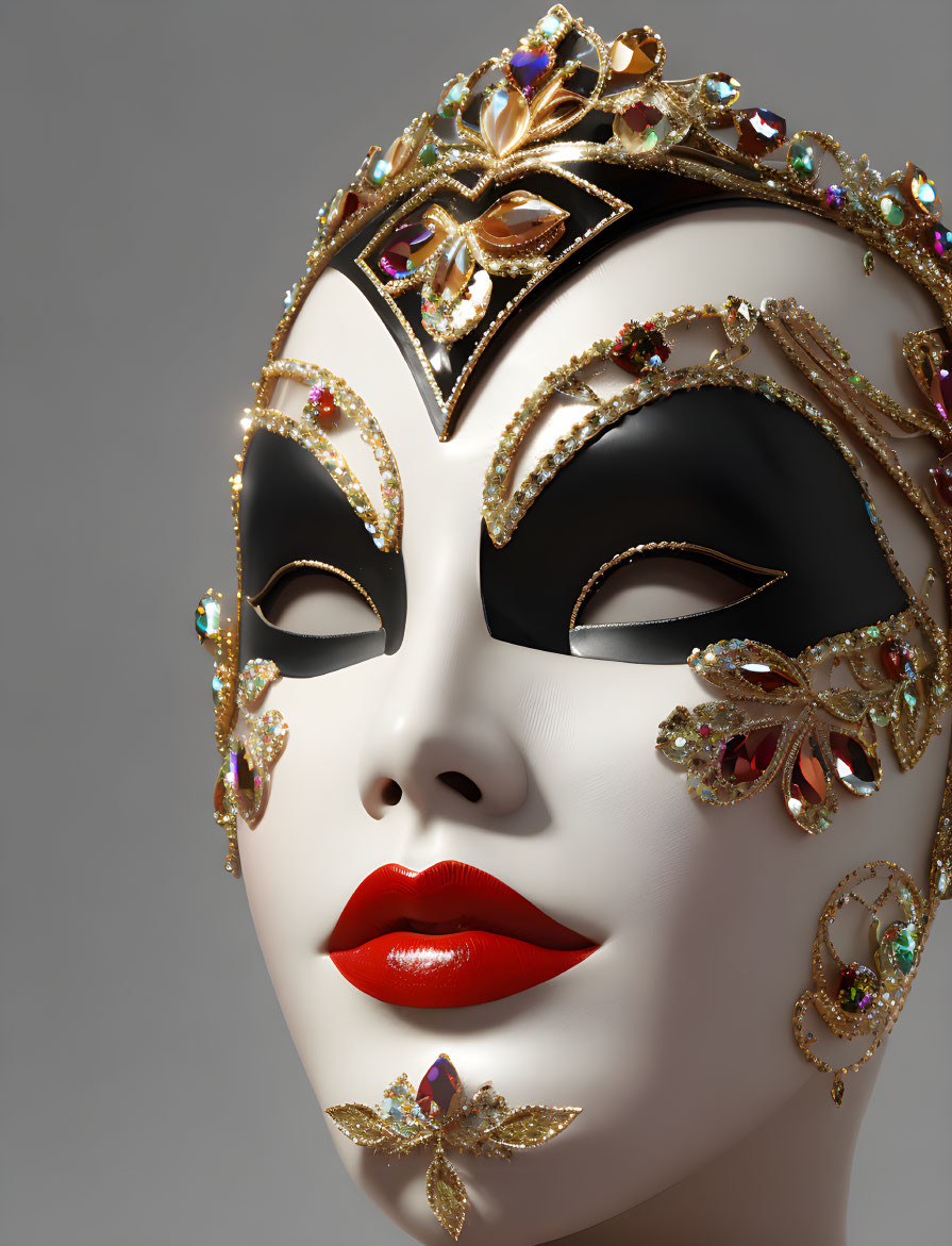 Ornate Venetian mask with jewels, gold accents, black and white contrast, and red