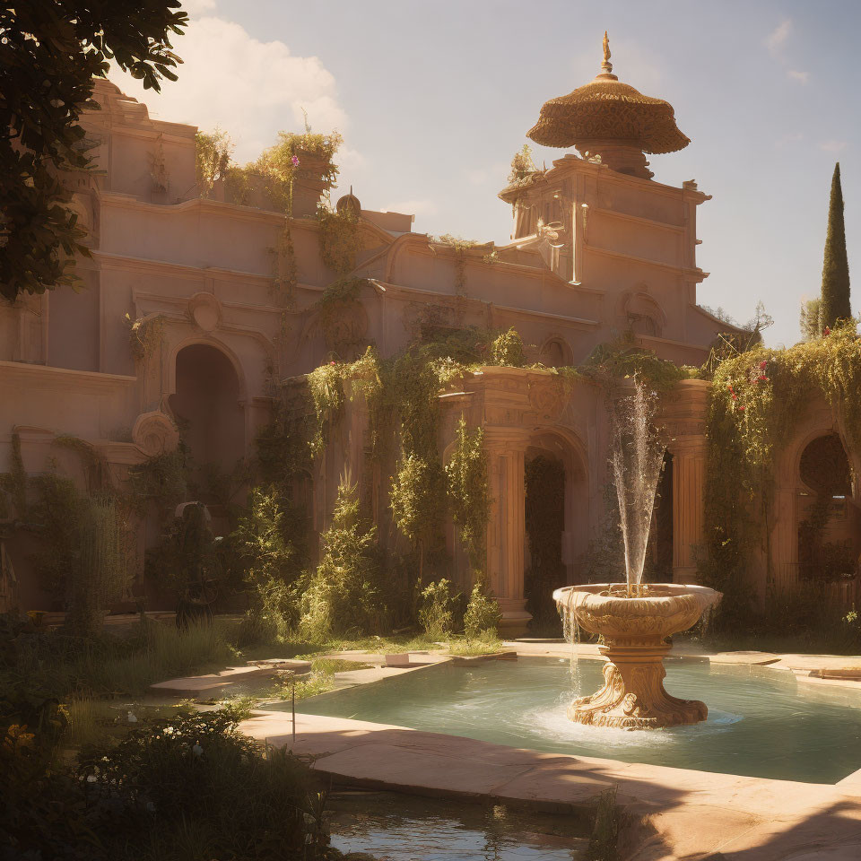 Classical fountain and lush greenery in tranquil courtyard