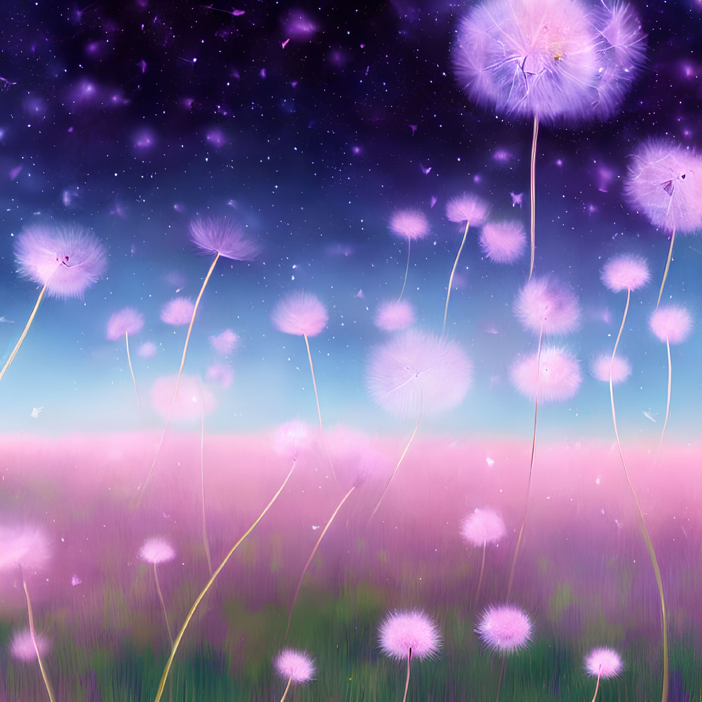 Field of tall dandelions under twilight sky with floating seeds