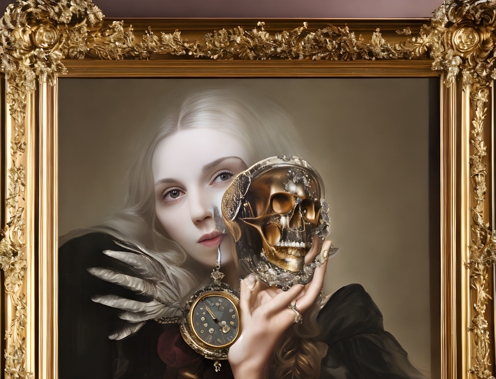 White-Haired Woman with Golden Skull and Pocket Watch in Ornate Frame