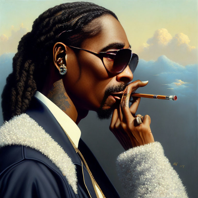 Man with Braided Hair, Sunglasses, Fur Collar Jacket, Smoking Cigar in Cloudy