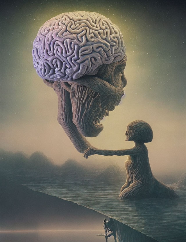 Surreal illustration of giant brain with elderly face and figures in desolate landscape