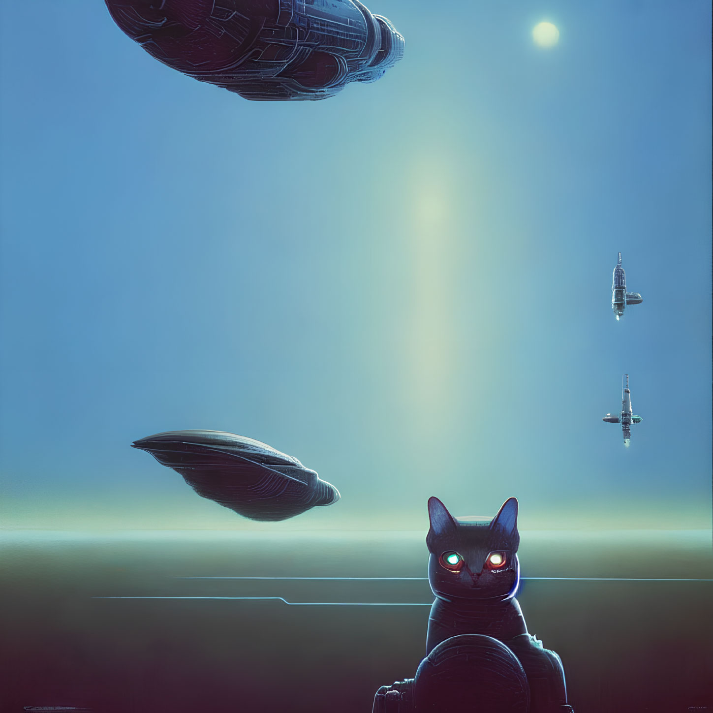 Glowing-eyed cat in sci-fi setting with spaceships and distant planet.