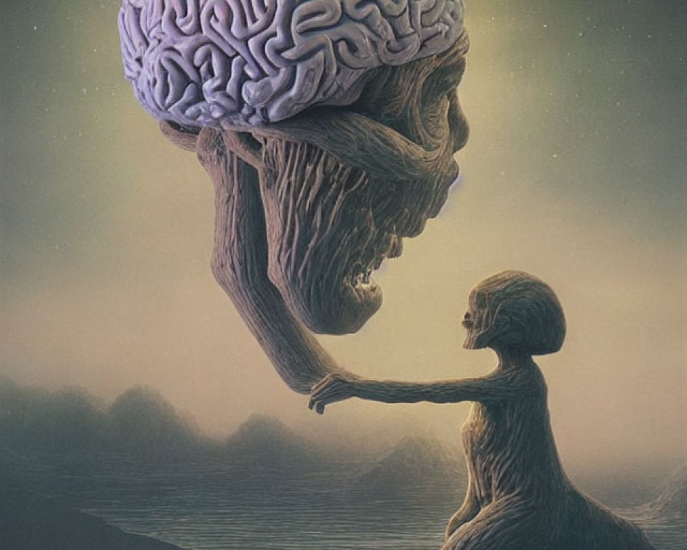 Surreal illustration of giant brain with elderly face and figures in desolate landscape